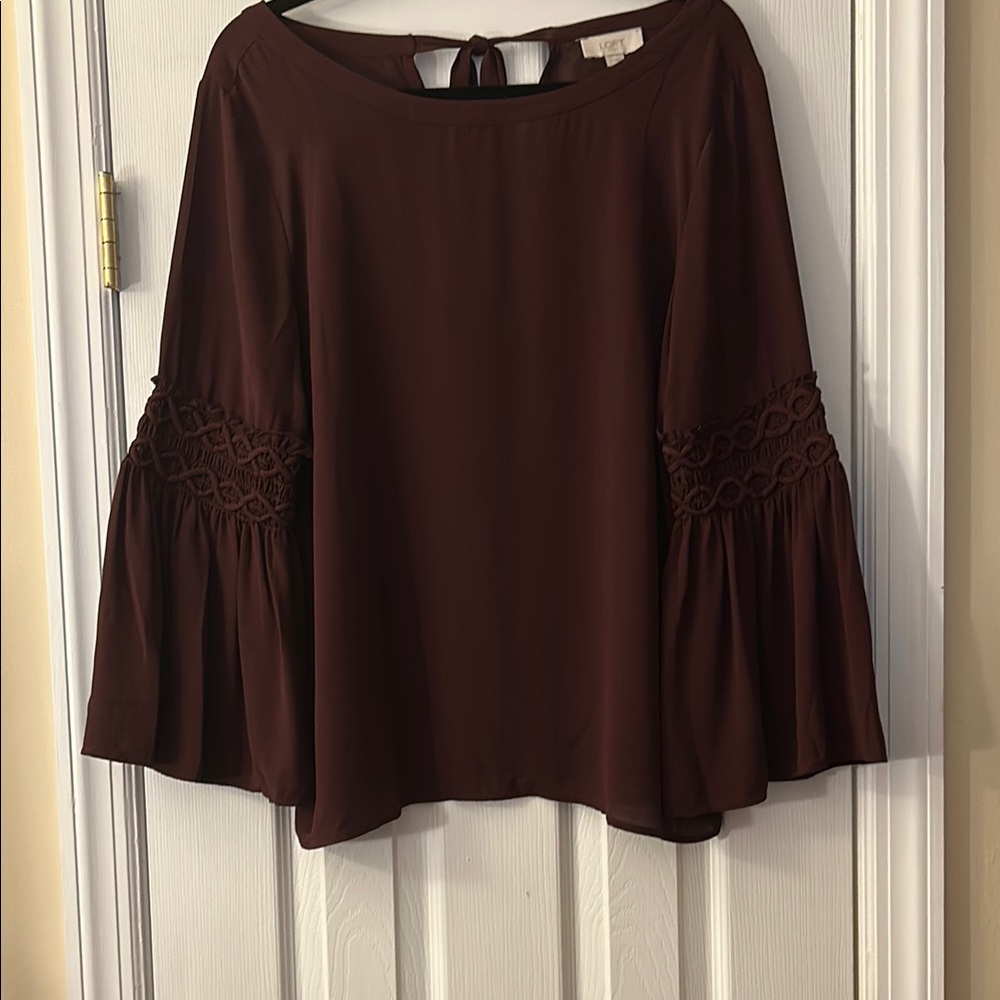 Loft purple Bell Sleeve Ruched Blouse size Medium